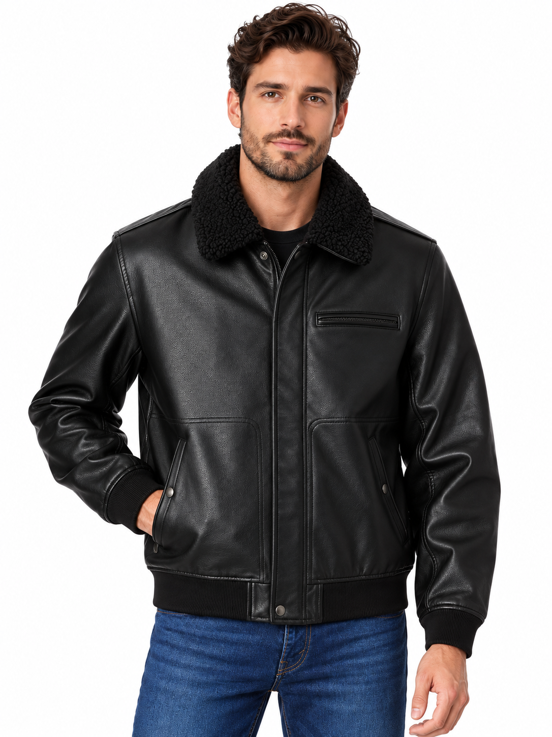 A man wearing a black leather jacket with a black sherpa collar, paired with blue jeans, photographed against a solid white background.