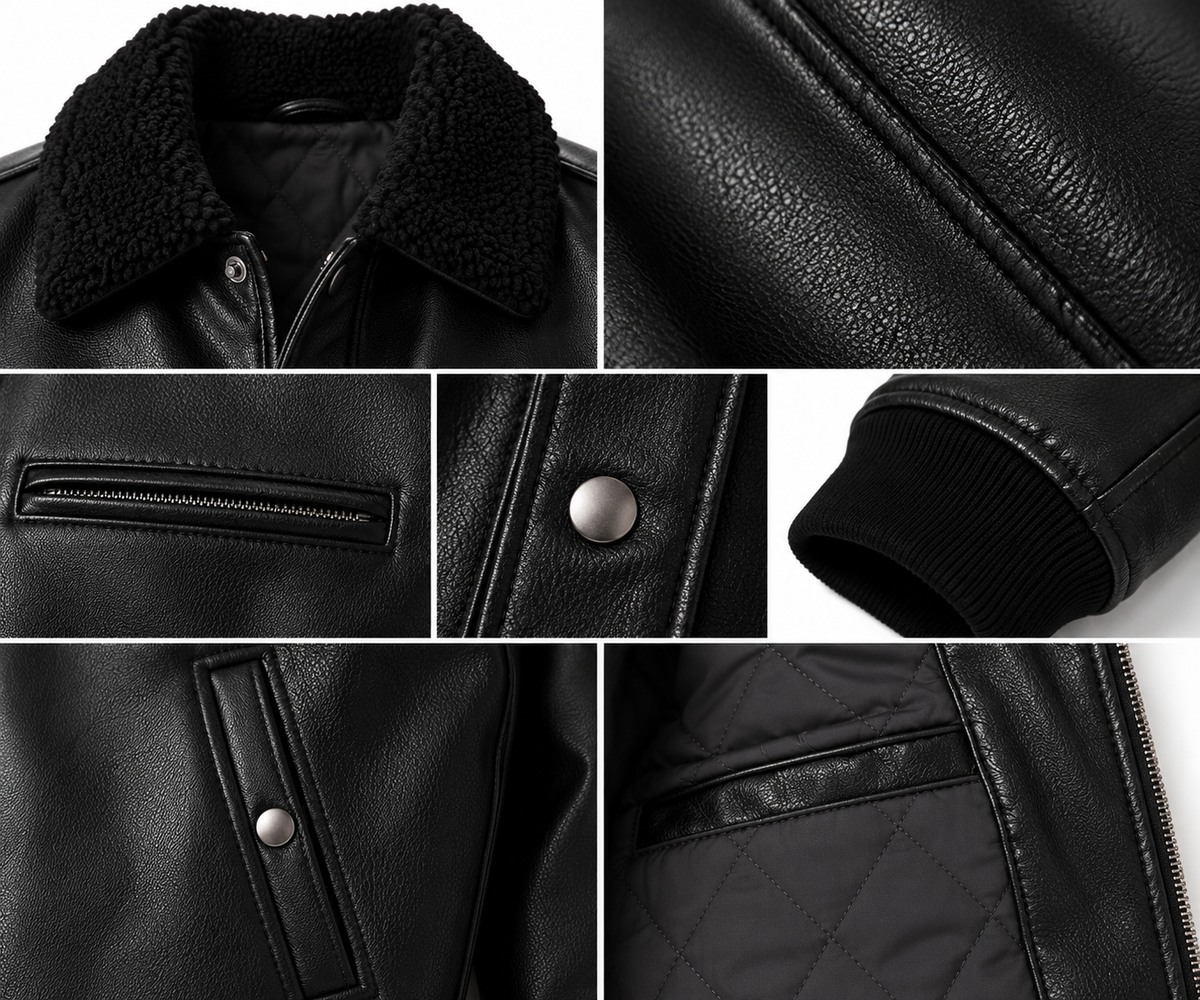 Black leather jacket shown in a six-panel detail collage, featuring a black sherpa fleece collar, quilted interior lining, ribbed cuff, zip pocket, and snap-button closure.